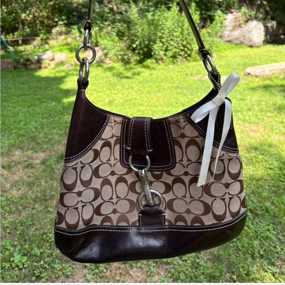 Coach Dark Brown and Tan Signature Shoulder Bag